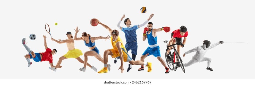 Banner. Sport collage. Athletes in action, soccer, tennis, basketball, boxing, cycling and fencing against white background. Concept of healthy lifestyle and professional sport, team, fitness. Ad - Powered by Shutterstock