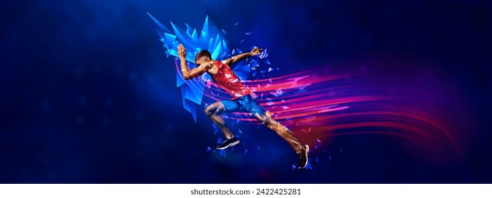 Banner. Sportsman, jogger running in motion against gradient dark background with polygonal and fluid elements. Speed. Concept of professional sport, competition, championship tournaments, energy. Ad