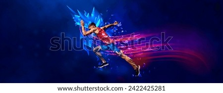 Banner. Sportsman, jogger running in motion against gradient dark background with polygonal and fluid elements. Speed. Concept of professional sport, competition, championship tournaments, energy. Ad