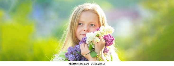 Banner With Spring Kids Portrait. Little Girl In The Garden With Long Fair Hair Being Excited To Get A Bouquet Of Lilac On A Birthday.