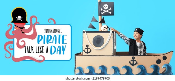 Banner for Talk Like a Pirate Day with little boy and paper ship on blue background - Powered by Shutterstock