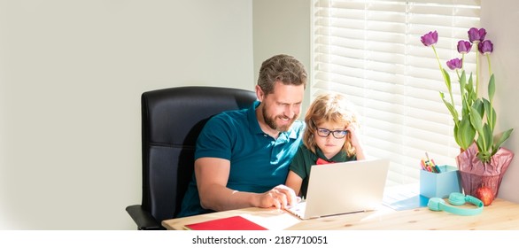 Banner Of Teacher And Pupil School Boy With Laptop At Home, Back To School. Father And Son In Eyewear Use Computer At Home. Family Blog. Nerd Boy