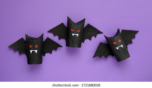 Banner With Three Vampire Bats Made From Toilet Paper Roll, Halloween Decorations, Crafts For Kids.    