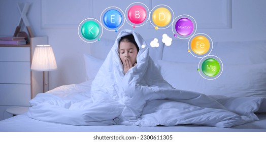 Banner with tired little girl in bed and set of micronutrients for healthy sleep