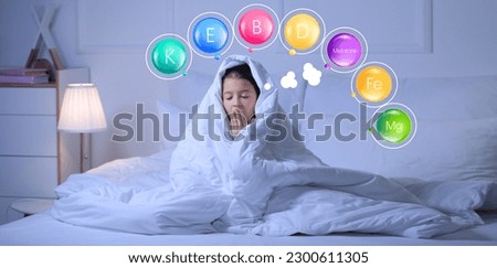 Banner with tired little girl in bed and set of micronutrients for healthy sleep