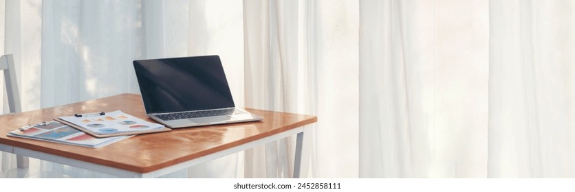 Banner Top view office desk laptop coffee cup wood table copy space. Banner Tabletop notebook laptop coffee cup office display empty space wooden background. Home business workspace with copy space - Powered by Shutterstock