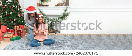 Banner Two Women sibling using hands decorate Christmas tree red ball bauble. Close up hands holding red ball bauble decorate. Asian woman friends decorate christmas tree xmas holiday with copy space