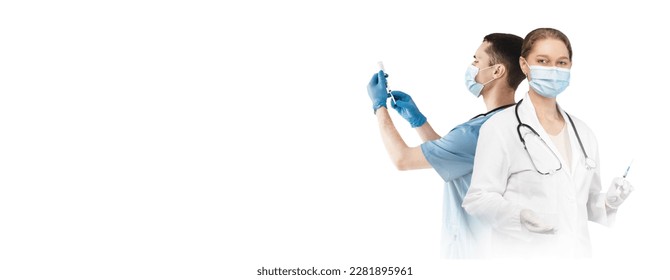 Banner For Vaccination Campaign With Two Doctors Holding Syringes Standing Isolated Over White Background, Creative Collage Of Man And Woman Medical Workers In Uniform And Face Masks, Copy Space - Powered by Shutterstock