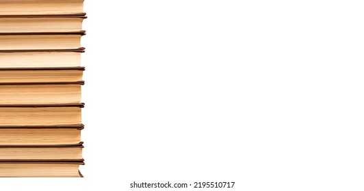 Banner With Vertical Books Border Isolated On White Background. Study, Preparing For Exams, Research Conducting Concept. Tall Tower Of Hardback Novels, Encyclopedias, Guides. Copy Space. Photo