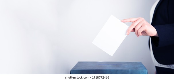 Banner of a voter putting vote in the ballot box. Election concept.