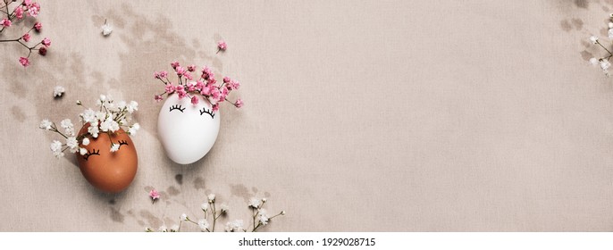 Banner With White And Black Easter Eggs. Natural Flowers Decor. Zero Waste Easter Concept. Racial Equality Symbol. Sunlight And Floral Shadows