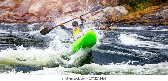 Banner whitewater kayaking, extreme sport rafting. Guy in kayak sails mountain river.