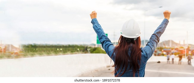 Banner Woman engineer entrepreneur constrcution industry worker. Panoramic Female engineer working refinery oil plant manufacturing. Young civil engineering construction wear hardhat safety helmet