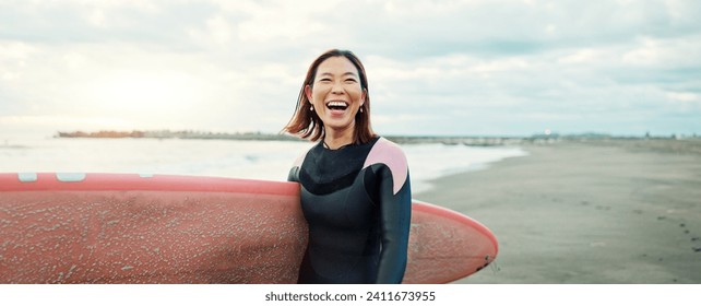 Banner, woman and excited for surfing at beach, sea and ocean for summer holiday, travel and adventure. Happy Japanese surfer laughing with surfboard for water sports, freedom and tropical vacation - Powered by Shutterstock