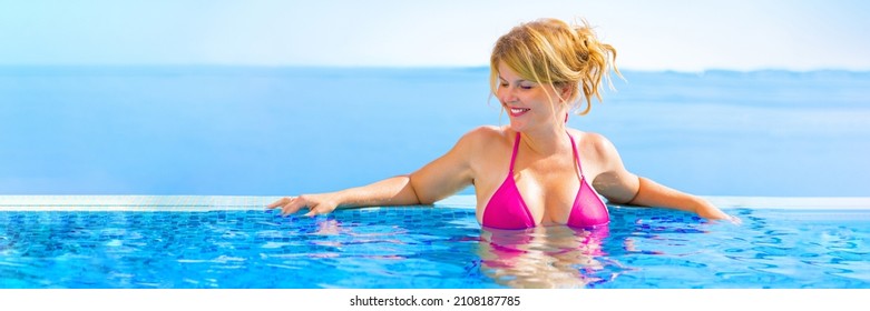 Banner of woman relaxing in infinity pool with beautiful sea view