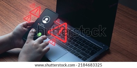Banner of woman using laptop while receiving an unwanted call. Spam, scam, phishing and fraud concept. Security technology.