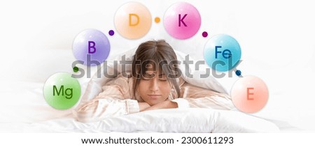 Banner with young woman in bed and set of micronutrients for healthy sleep