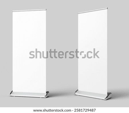 Banners retráteis com base metálica moderna, ideais para exposições e eventos promocionais. Fundo branco para destacar marcas e mensagens publicitárias.