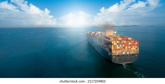 Banner,Stern Of Large Cargo Ship With Smoke Exhaust Gas Emissions From Cargo Lagre Ship ,Marine Diesel Engine Exhaust Gas From Combustion. Freight Forwarding Service. Stern Of Large Container Vessel