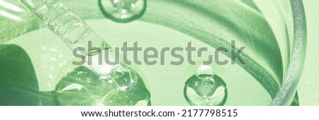 Bannner - pipette with transparent cosmetic liquid at glass petri dish over green background with copy space. Texture of face serum or cosmetic oil, aloe vera essence. Selective focus