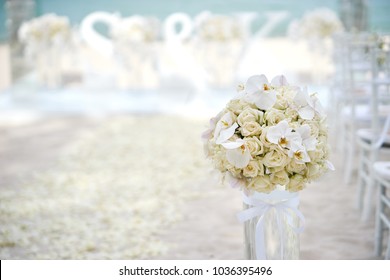 The Banquet, Flowers, Flora, White Cream Roses, Orchids Decoration At Wedding Venue On The Beach - Closed Up