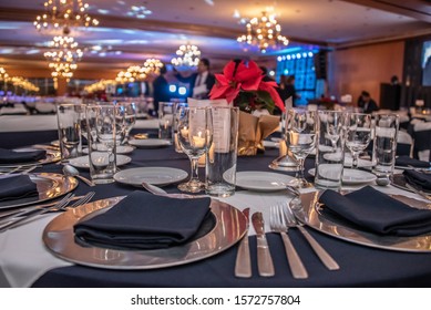 
Banquet Table For Christmas Party And New Year's Eve In Lounge With Drinks And Party Plates