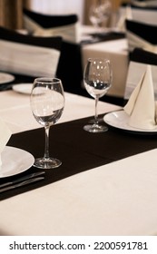 Banquet Table With Wineglasses. High Angle Of Elegant Banquet Table Served For Wedding Celebration.