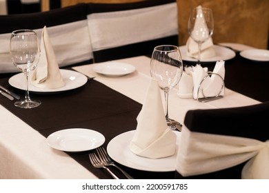 Banquet Table With Wineglasses. High Angle Of Elegant Banquet Table Served For Wedding Celebration.