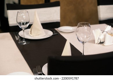 Banquet Table With Wineglasses. High Angle Of Elegant Banquet Table Served For Wedding Celebration.