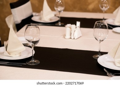 Banquet Table With Wineglasses. High Angle Of Elegant Banquet Table Served For Wedding Celebration.