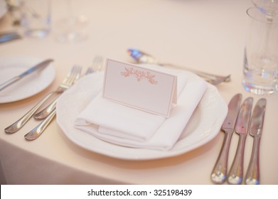 Banquet Wedding Table Setting On Evening Reception With Name Card 