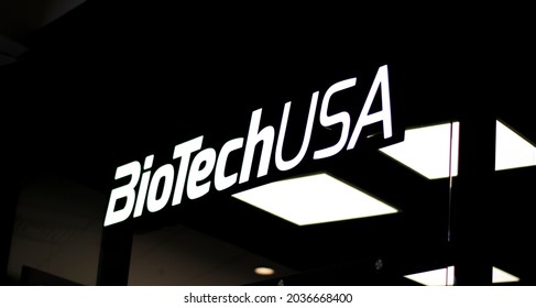 Banska Bystrica, Slovakia - September, 5, 2021 :  BioTech USA Sign At The Shop Front In Shopping Mall. One Of Europe’s Largest Producers And Distributors Of Food Supplements And Functional Foods.