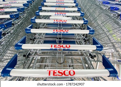 Banska Štiavnica/Slovakia July 27, 2020
Tesco supermarket sign atop a store exterior. Tesco, is a British multinational groceries and general merchandise retailer.