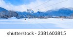 Bansko, Bulgaria winter ski resort banner with ski slope, gondola lift cabins and Pirin mountains view