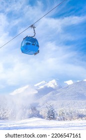 Bansko, Bulgaria Winter Ski Resort Card With Blue Gondola Lift Cabin, Pirin Mountain Peaks View And Slope