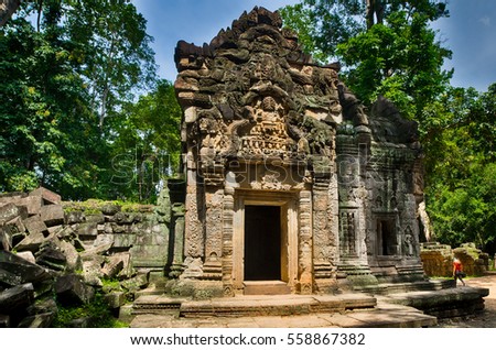 Banteay Kdei temple with silk cotton tree roots in Angkor, Siem Reap, Cambodia.