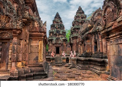 Banteay Srei - a 10th century Hindu temple dedicated to Shiva. The temple built in red sandstone was rediscovered 1814 in the jungle of the Angkor area of Cambodia. 