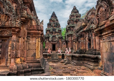 Banteay Srei - a 10th century Hindu temple dedicated to Shiva. The temple built in red sandstone was rediscovered 1814 in the jungle of the Angkor area of Cambodia. 