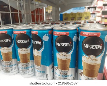 Banten 29 August 2022 : Canned Nescafe Thai Milk Coffee For Sale On Supermarket Shelf With Selective Focus.