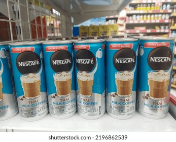 Banten 29 August 2022 : Canned Nescafe Thai Milk Coffee For Sale On Supermarket Shelf With Selective Focus.