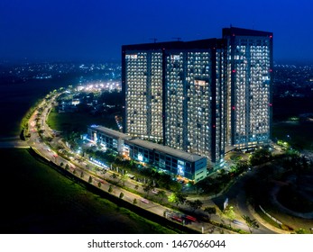 Banten / Indonesia - June 28, 2019: Aerial Night View Of Casa De Parco, Bumi Serpong Damai (BSD) City