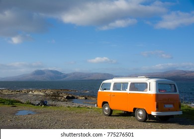 Bantry,Ireland - November 12, 2017: Vintage VW Camper, Bantry Bay, Wild Atlantic Way, Ireland