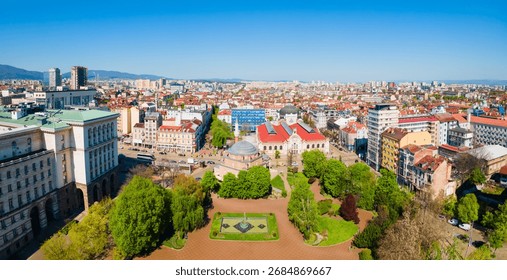 Banya Bashi Mosque and Central Sofia Market Hall aerial panoramic view in Sofia. Sofia is the capital and largest city of Bulgaria.