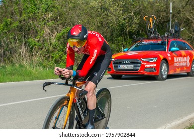 Banyoles, Spain- March 23 2021: Stephen Williams In Full Effort During The ITT In Volta Catalunya 2021.