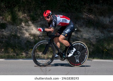 Banyoles, Spain- March 23 2021: Thomas De Gendt Training Before The ITT In Volta Catalunya 2021.