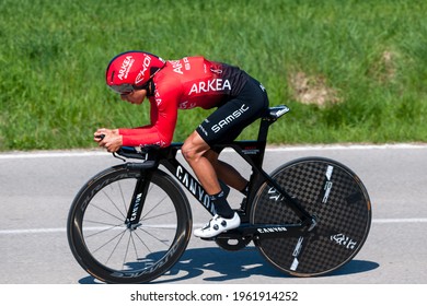 Banyoles, Spain- March 23 2021:Nairo Quintana  In Full Effort During The ITT In Volta Catalunya 2021.