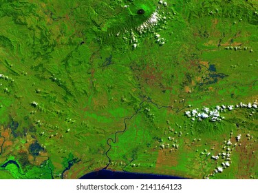 Banyumas From Space. It Shows Region Of Banyumas Regency In Central Java Province, Indonesia. Source From Satellite Imagery Of Landsat. Suitable For Background Or Wallpaper.