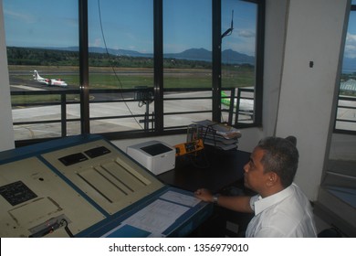 Banyuwangi East Java Indonesia March 31  2019 : The Aircraft Of  Citilik Airline Were Monitored From The ATC Towers In Banyuwangi Airport.