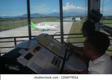 Banyuwangi East Java Indonesia March 31  2019 : The Aircraft Of  Citilik Airline Were Monitored From The ATC Towers In Banyuwangi Airport.