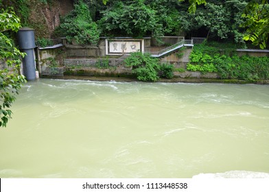Baopingkou (means: Water Inlet) in Dujiangyan, Sichuan Province, China. Dujiangyan Irrigation System is a World Heritage Site since 2000. (translation in image: Water Inlet)
